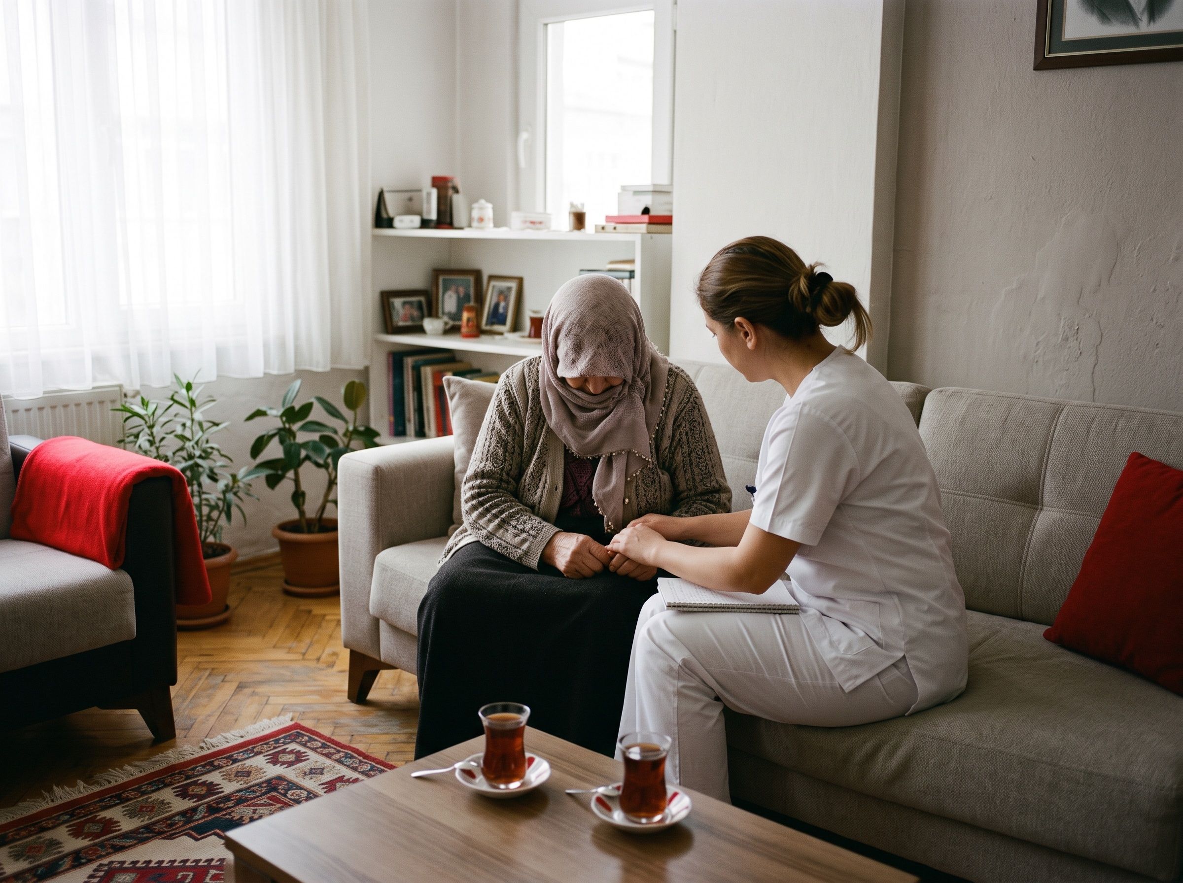 Evde yaşlı bir hastanın elini tutan hemşire