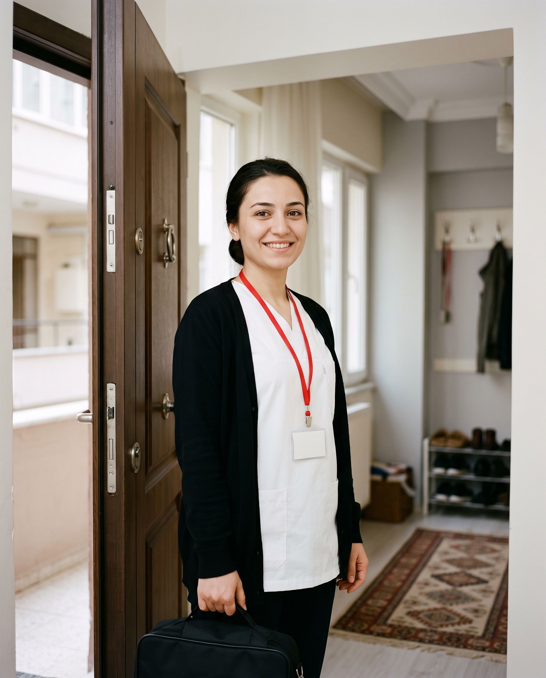Ev ziyaretine gelmiş, kapıda gülümseyen hemşire